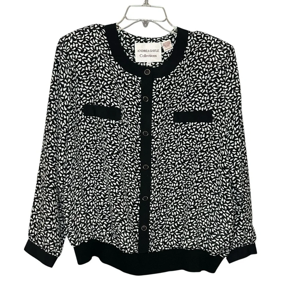 Andrea Gayle Black White Print Blouse Size XL Button Front Top - Picture 10 of 11